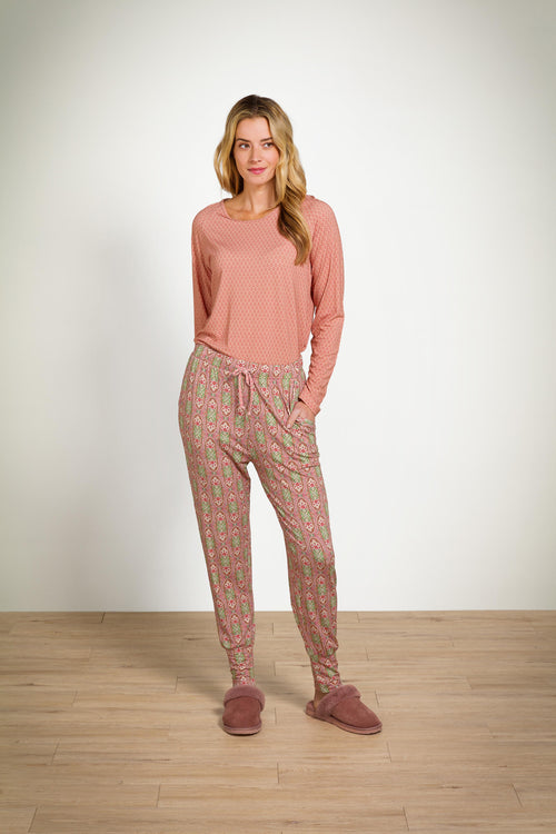 Pip Studio - Tina Pyjama t-shirt - Lange mouw Dames - Thousand Leaves - Roze - S - vtwonen shop