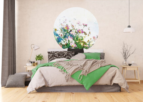 Sanders & Sanders zelfklevende behangcirkel veldbloemen groen, roze en blauw - Ø 140 cm - 601125