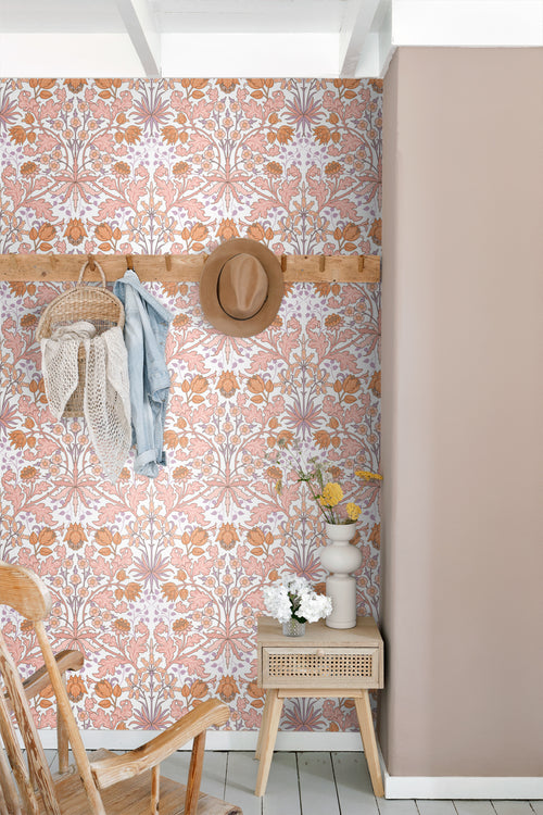 ESTAhome behang vintage bloemen in art nouveau stijl roze, oranje en paars - 50 x 900 cm - 131177 - vtwonen shop