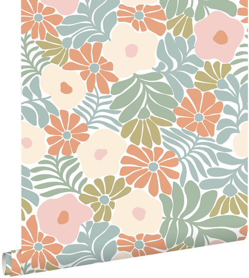 ESTAhome behang bloemen in Matisse stijl turquoise, oranje, olijfgroen en beige - 50 x 900 cm - 131004 - vtwonen shop