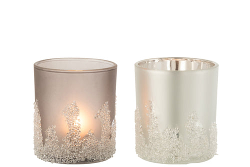 J-Line windlicht Suiker Frosted - glas - grijs/zilver - large - 2 stuks