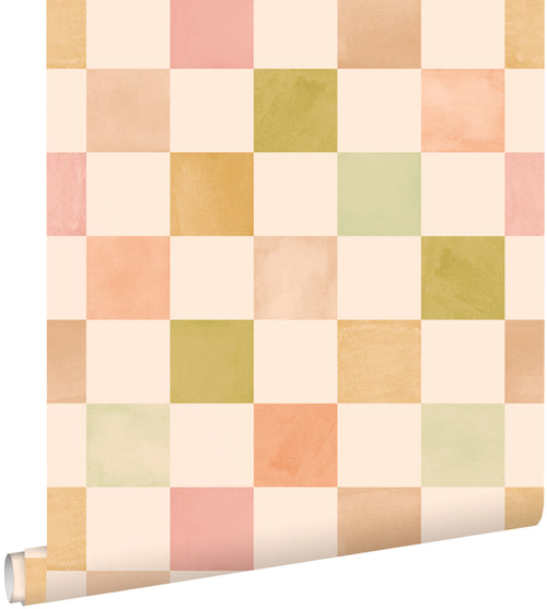 ESTAhome behang geblokt motief beige, roze en groen - 50 x 900 cm - 131721