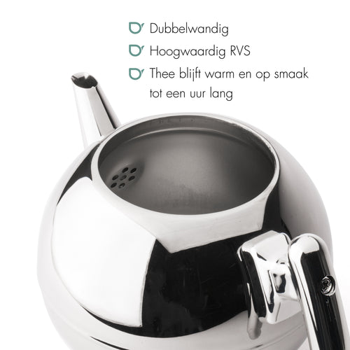 Bredemeijer - Duet® Bella Ronde – Dubbelwandige Theepot – 1,5 liter - RVS - Chroom beslag