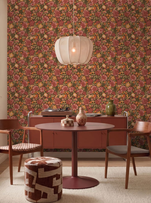 ESTAhome behang bloemen groen, rood en oranje - 50 x 900 cm - 132197