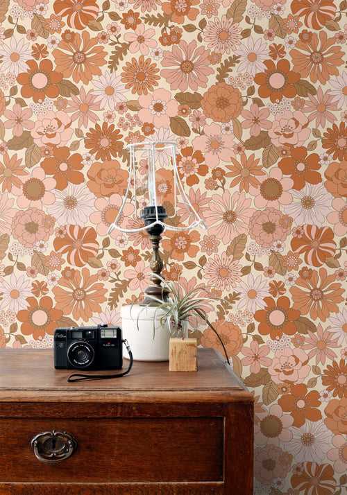 ESTAhome behang retro bloemen terracotta roze en oranje - 53 cm x 10.05 m - 130962