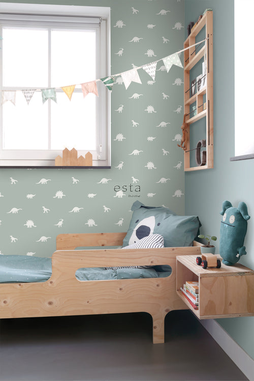 ESTAhome behang dinosaurussen vergrijsd mintgroen - 53 cm x 10.05 m - 139284