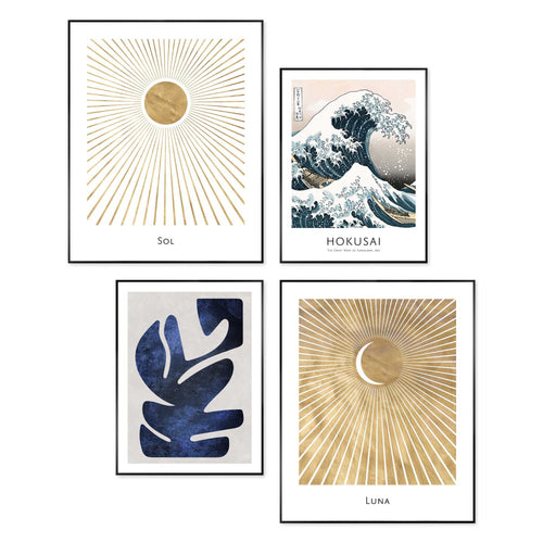 Reinders Hokusai de grote golf set schilderijen set -  blauw - woonkamer - 50x40cm