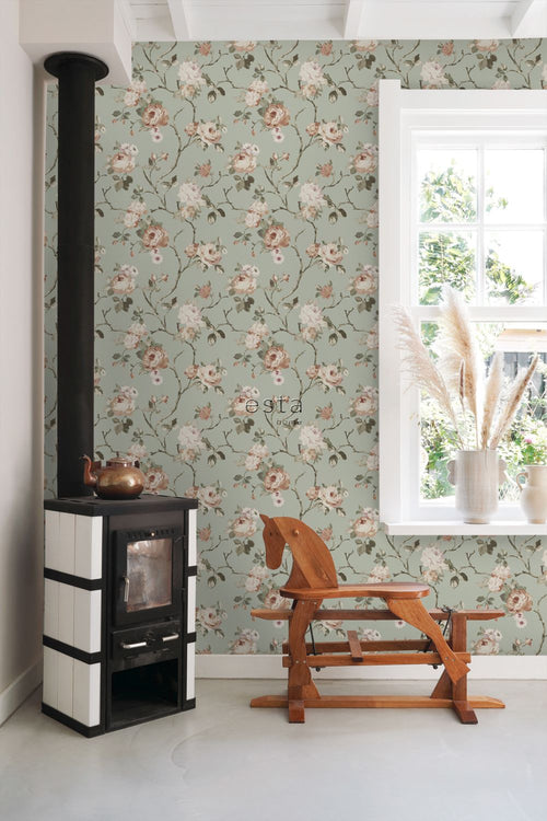 ESTAhome behang vintage bloemen vergrijsd mintgroen en zacht roze - 53 cm x 10.05 m - 139291