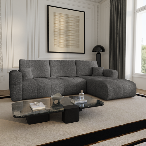 Premium Interiors - Rechthoekige hoekbank met slaapfunctie en opbergruimte VIBE - bouclé-stof grafietgrijs 286cm