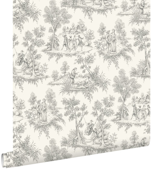 ESTAhome behang toile de jouy print grijs - 50 x 900 cm - 132092