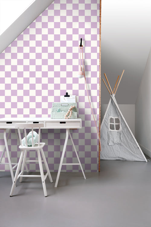 ESTAhome behang geblokt motief lila paars en wit - 53 cm x 10.05 m - 139997