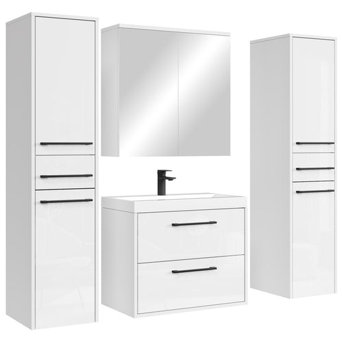 Badplaats Badkamermeubel Set Florence 60 cm XL – Hoogglans Wit – Hangend Badmeubel met Wastafel, Spiegelkast en Zijkasten