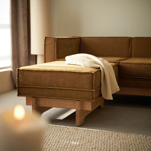 Tikamoon Houten voetenbank van eiken en okerkleurige stof - Mosterd