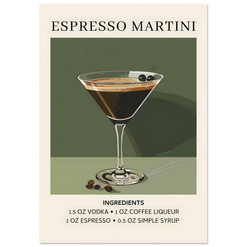 Artfulprints Poster met Lijst Espresso Martini cocktail - Ingrediënten   - 70x100 cm - Donkergroen