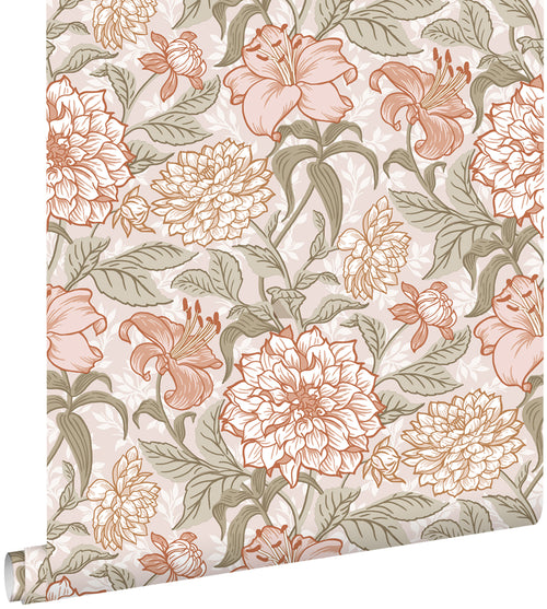 ESTAhome behang vintage bloemen oudroze en groen - 53 cm x 10.05 m - 139479