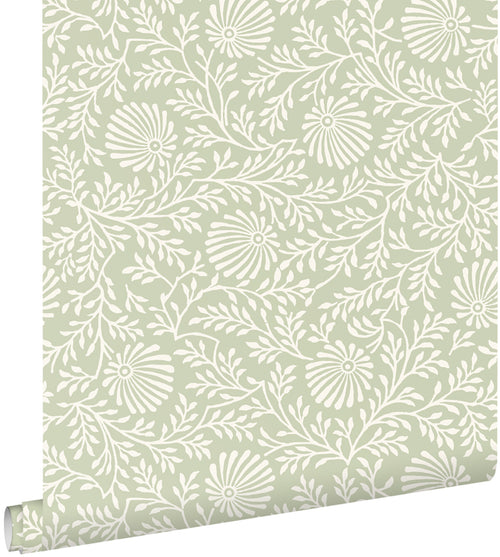 ESTAhome behang vintage bloemen licht vergrijsd groen - 50 x 900 cm - 132007