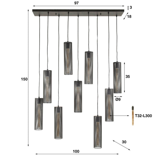 Giga Meubel Hanglamp Tube Mesh - Zwart Metaal - 100x30x150cm