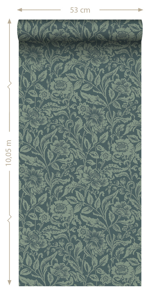ESTAhome behang vintage bloemen donkerblauw en vergrijsd groen - 53 cm x 10.05 m - 139429
