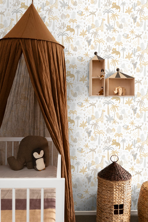 Sanders & Sanders behang jungle dieren okergeel, grijs en beige - 53 cm x 10 m - 640450