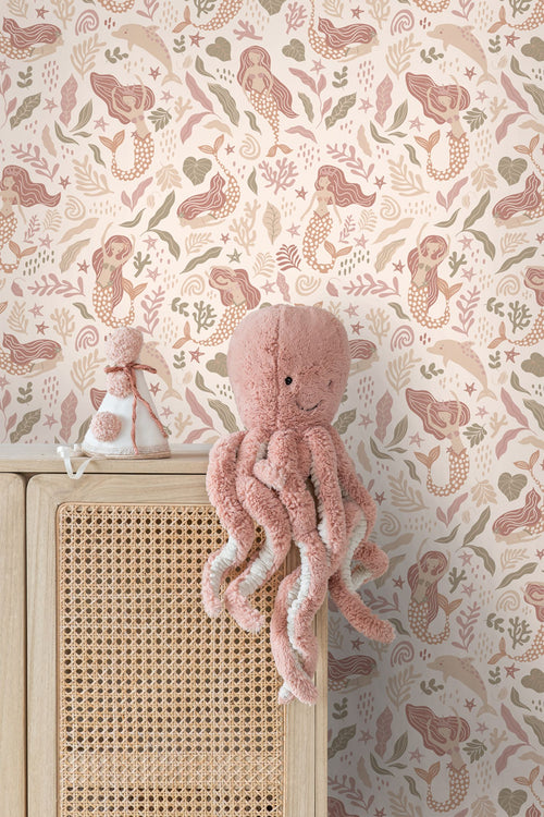 ESTAhome behang zeemeerminnen beige, roze en groen - 0.53 x 10.05 m - 131497