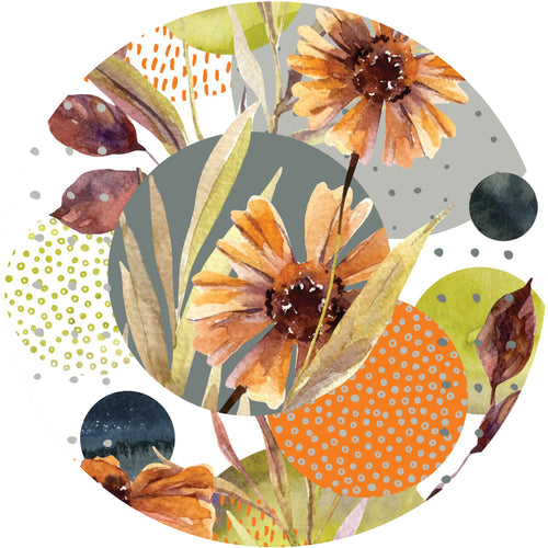Sanders & Sanders zelfklevende behangcirkel bloemen groen, oranje en grijs - Ø 140 cm - 601143