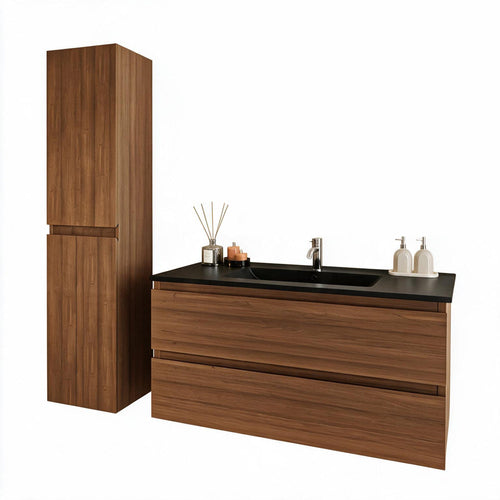 LOMAZOO badmeubelset Verona - met kolomkast & zwarte wastafel - warm eiken - 100 cm