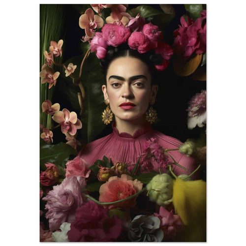 Artfulprints Poster met Lijst Frida Kahlo - Floral portrait   - 50x70 cm - Roze