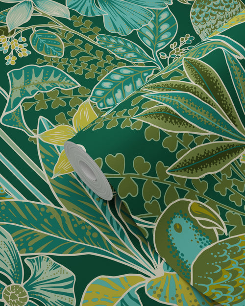 ESTAhome behang tropische bloemen en paradijsvogels donkergroen - 50 x 900 cm - 131158