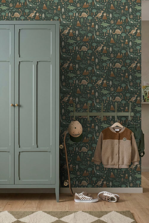 ESTAhome behang dinosaurussen donkergroen en bruin - 53 cm x 10.05 m - 139802