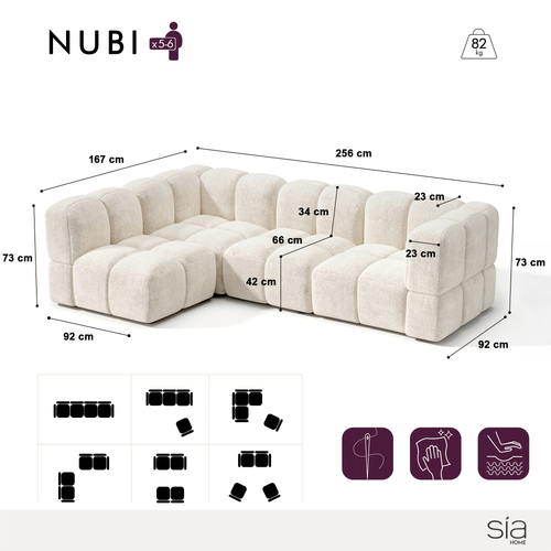 Sia Home - Modulaire hoekbank links NUBI - Fluweel met structuur - Crème - 256cm