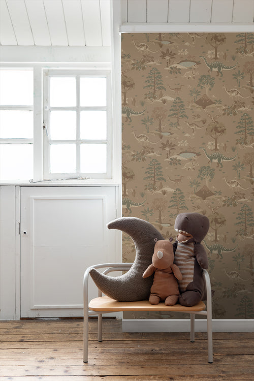 ESTAhome behang dinosaurussen bruin en groen - 50 x 900 cm - 131660