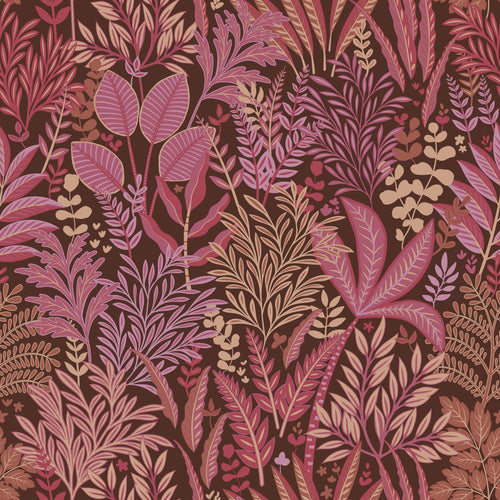 ESTAhome behang tropische bladeren en bloemen aubergine paars en roze - 50 x 900 cm - 131664