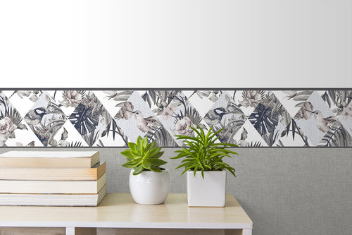 Sanders & Sanders zelfklevende behangrand tropische jungle bladeren en paradijsvogels vergrijsd groen - 500 x 17.5 cm - 640046 - vtwonen shop