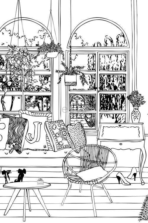 ESTAhome fotobehang woonkamertekening zwart wit - 186 x 279 cm - 158812 - vtwonen shop