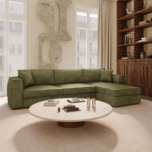 Premium Interiors - Rechthoekige hoekbank MIKA - zacht aanvoelende geweven stof vintage groen 292cm