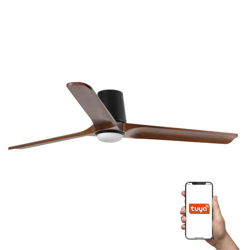 Faro Heywood Tub Grote plafondventilator met 3 bladen, matzwart, walnoot met licht, 2700 - 4000 - 6000K, Tuya Smart System