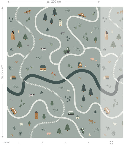 ESTAhome fotobehang tractoren en boerderijdieren vergrijsd groen - 200 x 279 cm - 159056 - vtwonen shop