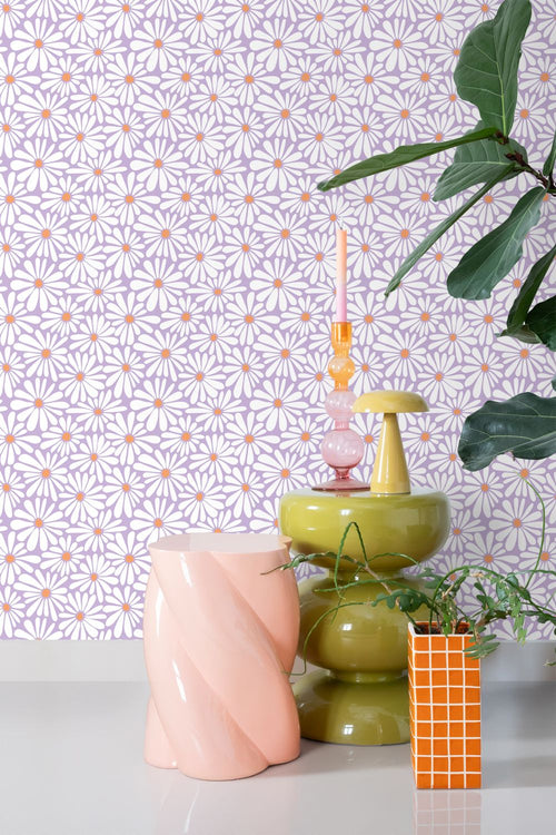 ESTAhome behang madeliefjes lila paars en oranje - 53 cm x 10.05 m - 131153