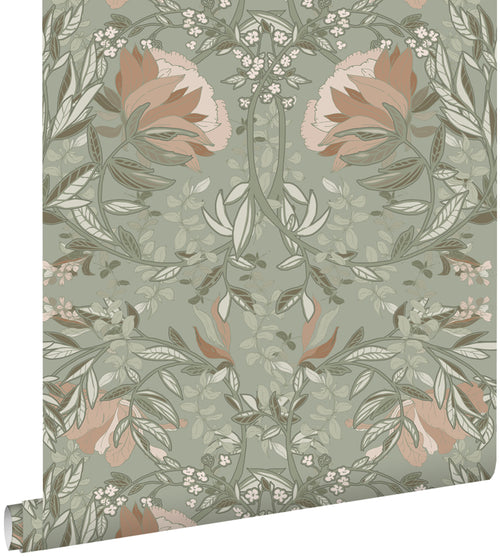 ESTAhome behang vintage bloemen in art nouveau stijl vergrijsd groen en oudroze - 0.53 x 10.05 m - 139419 - vtwonen shop