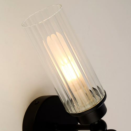 Searchlight Imperial 2-lichts wandlamp, matzwart metaal en helder geribbeld glas