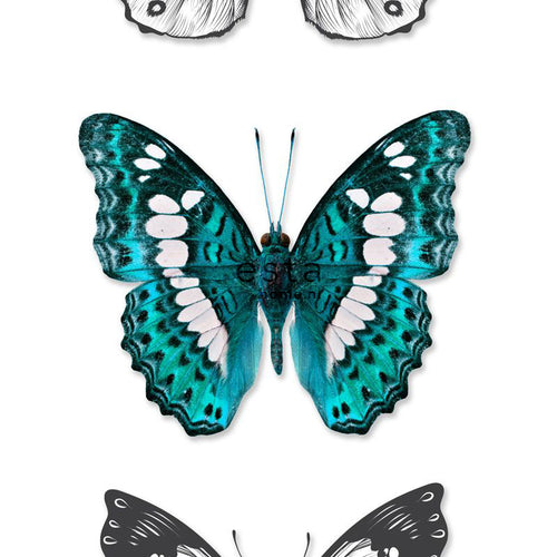 ESTAhome XXL behang vlinders turquoise, zwart en wit - 50 x 900 cm - 158507 - vtwonen shop