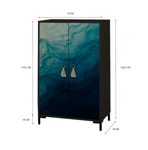 Dressoir van MDF met 2 decoratieve deuren, oceaanblauw motief