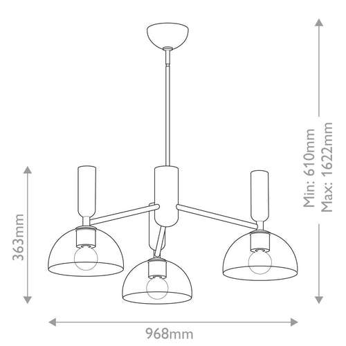 Mehrarmige Pendelleuchte, modernes Mattschwarz, 3 x E27