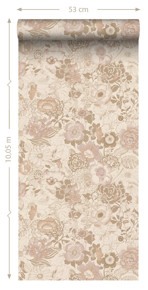 ESTAhome behang vintage bloemen beige en oudroze - 53 cm x 10.05 m - 139763 - vtwonen shop