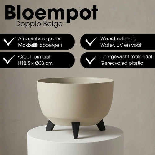 Mica Decorations Doppio Plantenbak op Poten - 18,5 x Ø33 cm - Plantenbakken voor Buiten - Bloembakken voor Balkon - Gerecycled Plastic - Beige