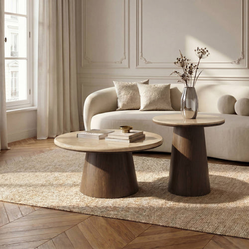 Premium Interiors - Salontafel VERO - multiplex en marmer beige marmer en donker notenhout 80cm