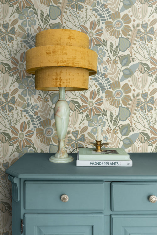 ESTAhome behang bloemmotief beige, blauw en groen - 53 cm x 10.05 m - 139676