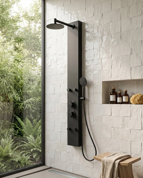 Badplaats Douchepaneel Caldera 140 x 20 cm - Zwart - Aluminium Doucheset met Mengkraan en Douchekop