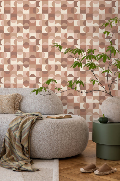 ESTAhome behang cirkels in Bauhaus stijl beige, bruin en licht roze - 50 x 900 cm - 131242 - vtwonen shop