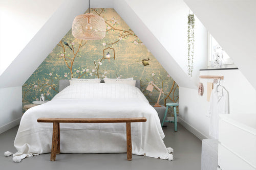 Sanders & Sanders fotobehang bloemen en vogels zeegroen - 350 x 270 cm - 601001